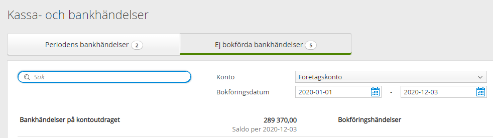 Bankhändelser på kontoutdraget.