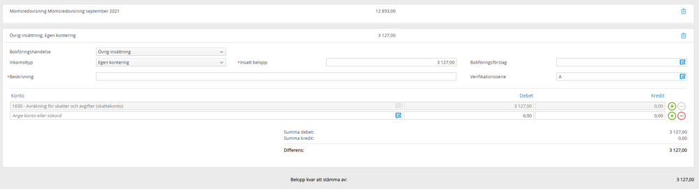 Detta är hur det ser ut under "Kassa och bankhändelser" för mitt Skattekonto när jag ska bokföra dragningen som Skatteverket har gjort.