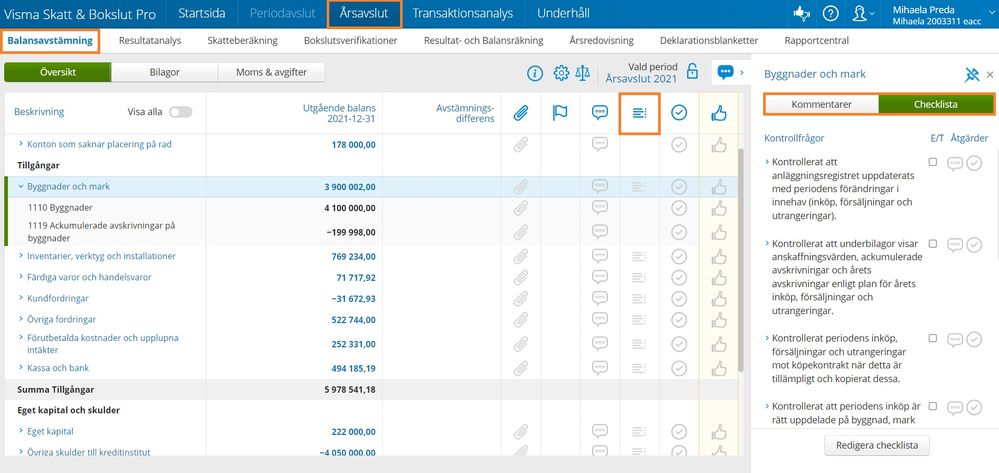 Checklista/kommentarer i Visma Skatt & Bokslut Pro.