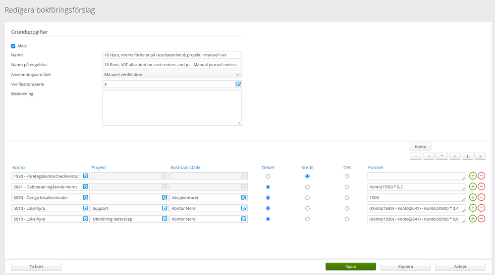Bokföringsförslag med formler för manuell verifikation.
