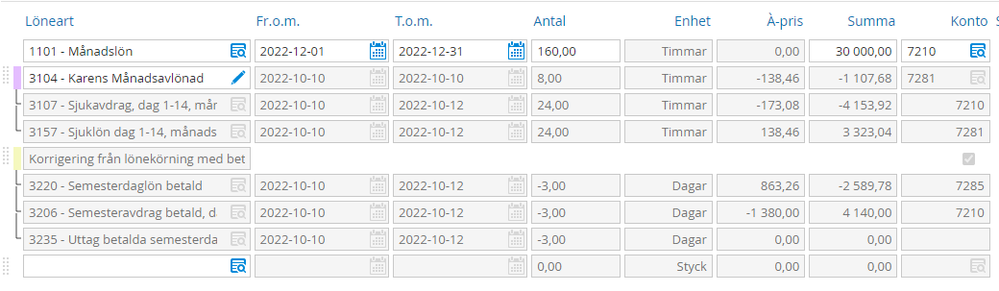 Lönebesked med korrigerat och nytt snabbval