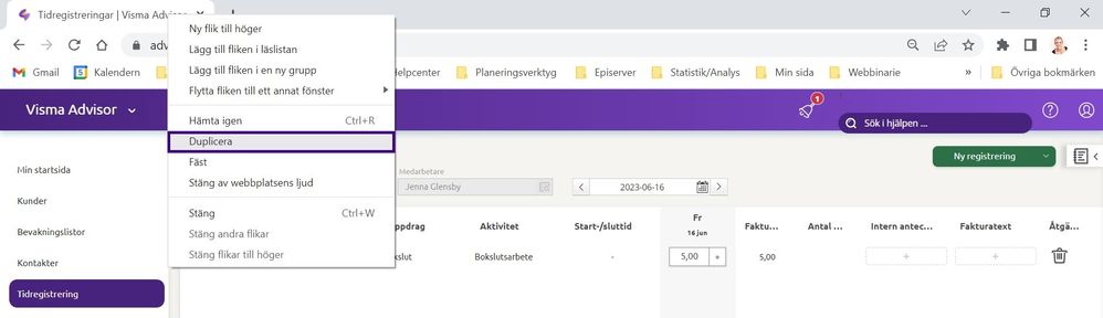 Duplicera fliken med tidsregistreringar.