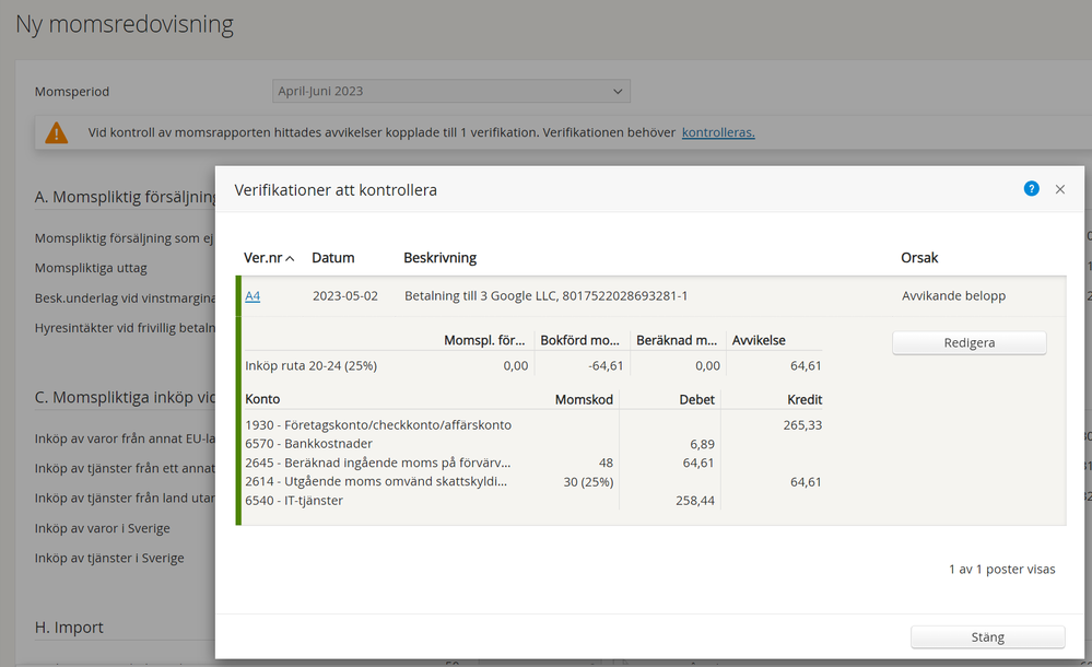Ny momsredovisning, varning för avvikelse