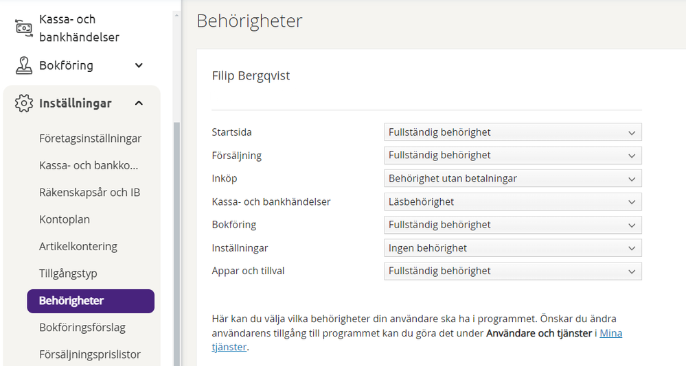 Ställ in behörigheter i Visma eEkonomi.